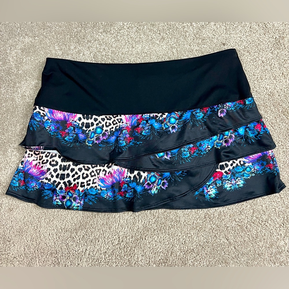 Lucky In Love Skirt Skort XL Black Ruffle Leopard Print Short Tennis Mini Blue